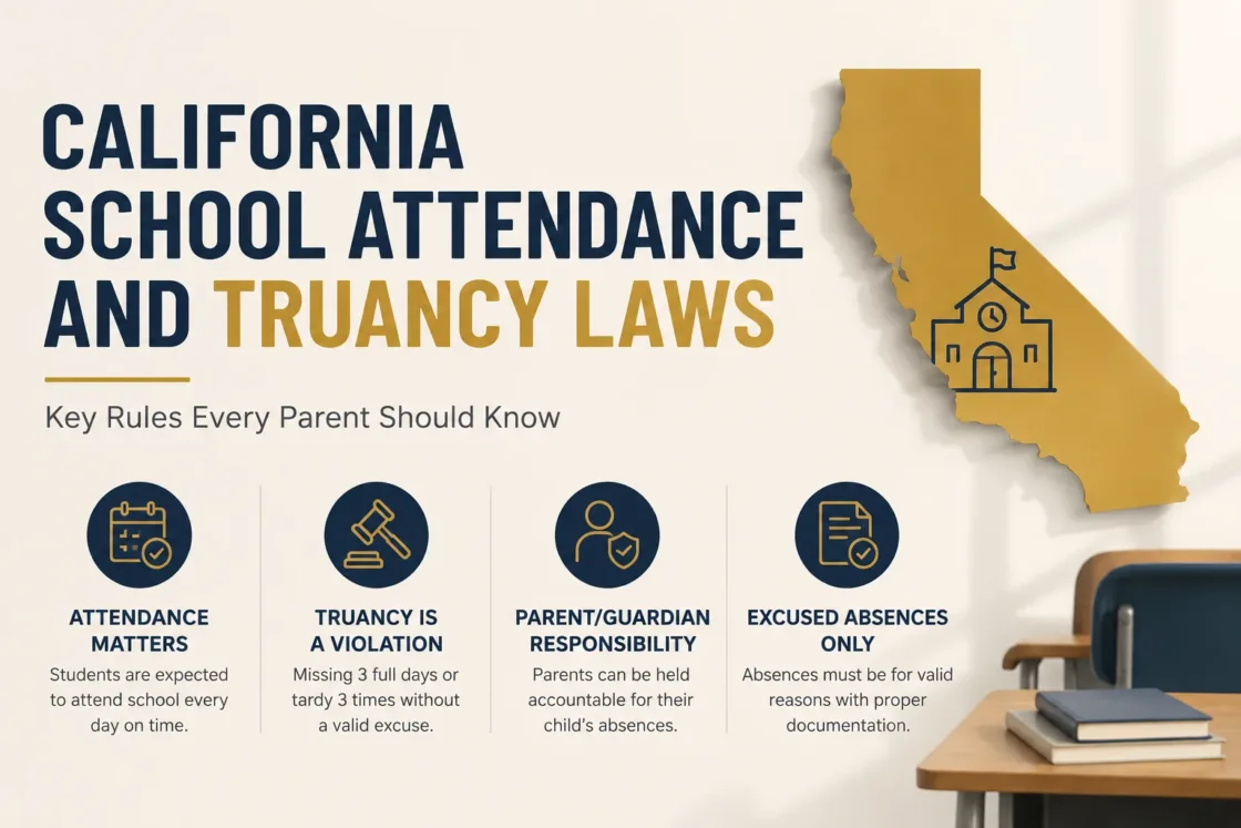Infographic explaining key rules about California school attendance and truancy laws for parents.