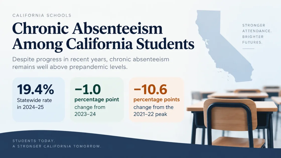 Chart showing the decrease in chronic absenteeism rates among California students from 2014 to 2022, with specific percentage declines.
