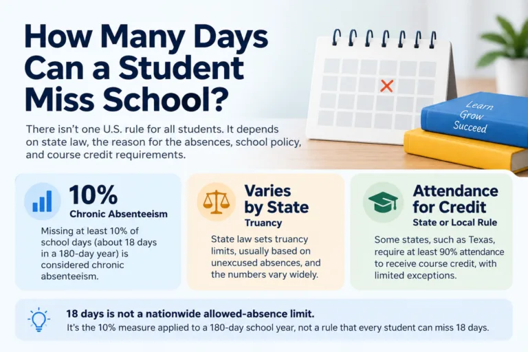 Information about the maximum number of days a student can miss school and how attendance policies vary by state.