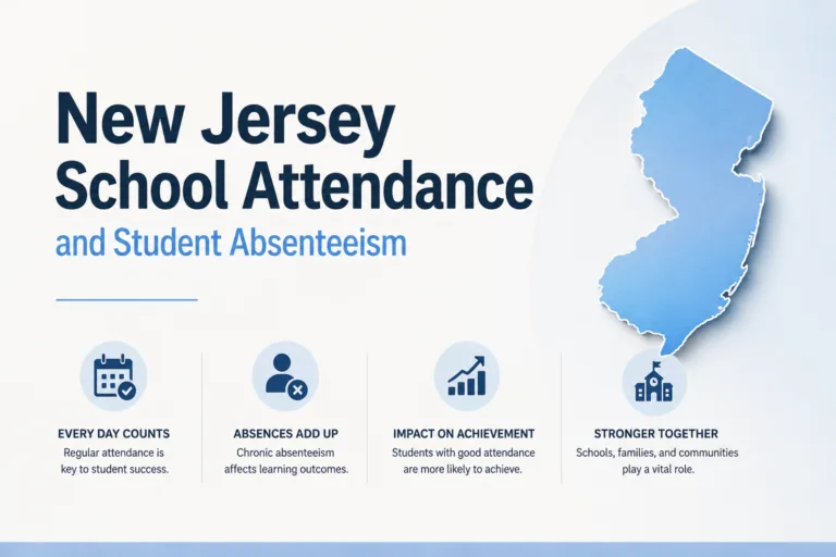 Infographic on New Jersey school attendance issues, including chronic absenteeism and strategies to improve student participation.
