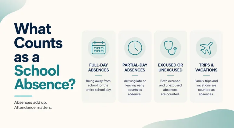 Different situations like full-day, partial-day absences, excused absences, and trips or vacations count as school absence.