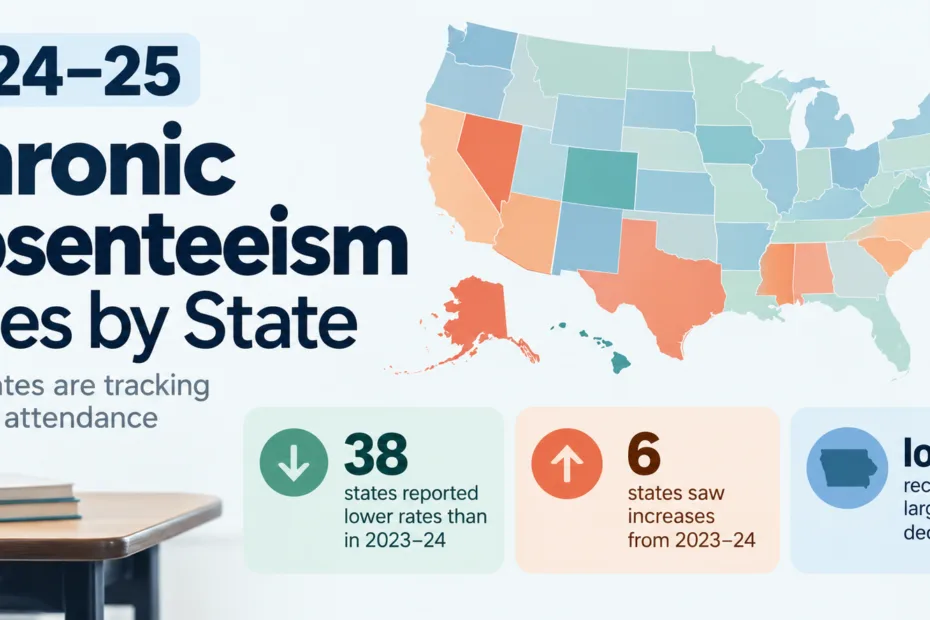 Map showing 2024–25 chronic absenteeism rates by state, with some states experiencing higher rates and others lower, based on recent data.