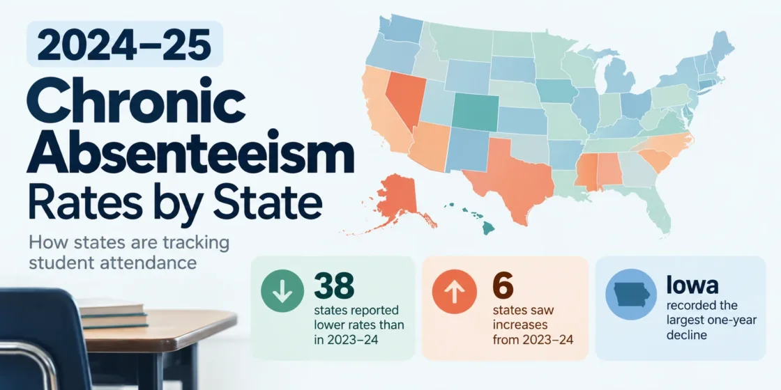 Map showing 2024–25 chronic absenteeism rates by state, with some states experiencing higher rates and others lower, based on recent data.