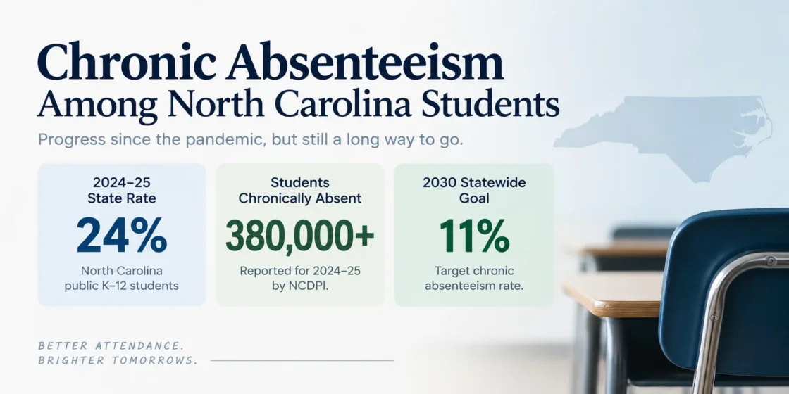Classroom with empty desks illustrating chronic absenteeism among North Carolina students, which shows slow progress towards reducing absentee rates.