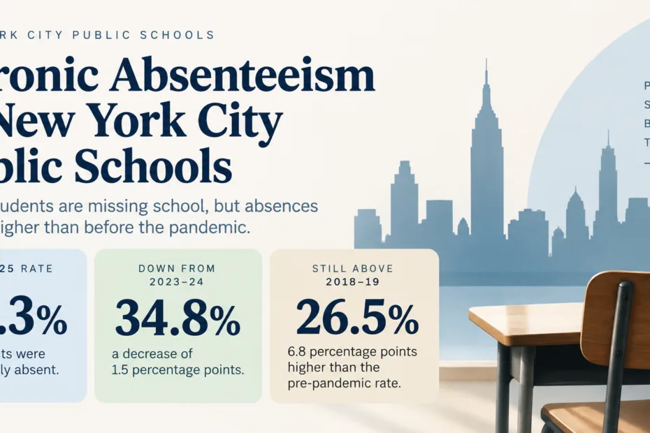 Graph showing absenteeism rates in New York City public schools before the pandemic, highlighting the ongoing issue of student attendance.