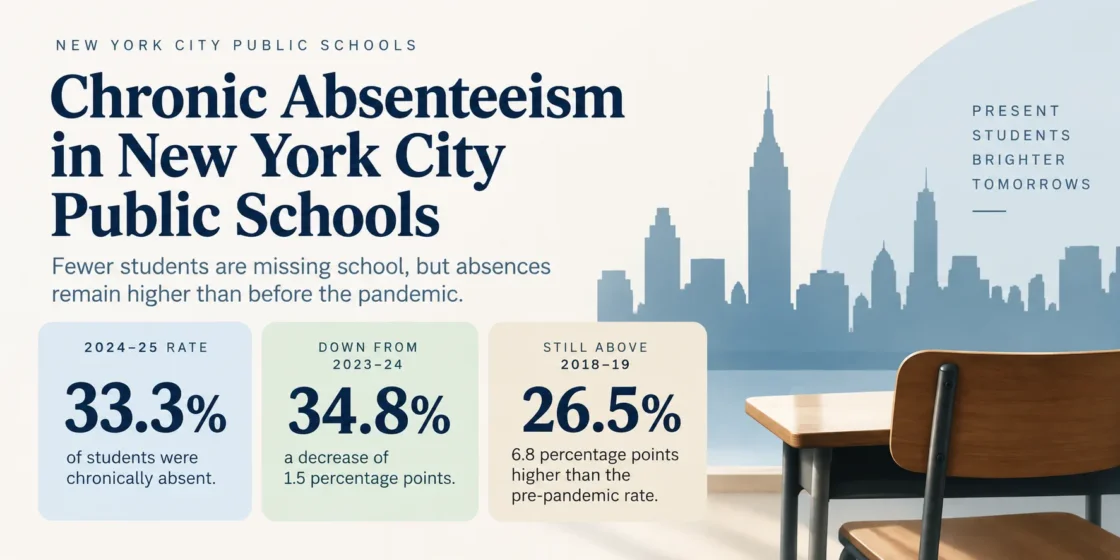 Graph showing absenteeism rates in New York City public schools before the pandemic, highlighting the ongoing issue of student attendance.