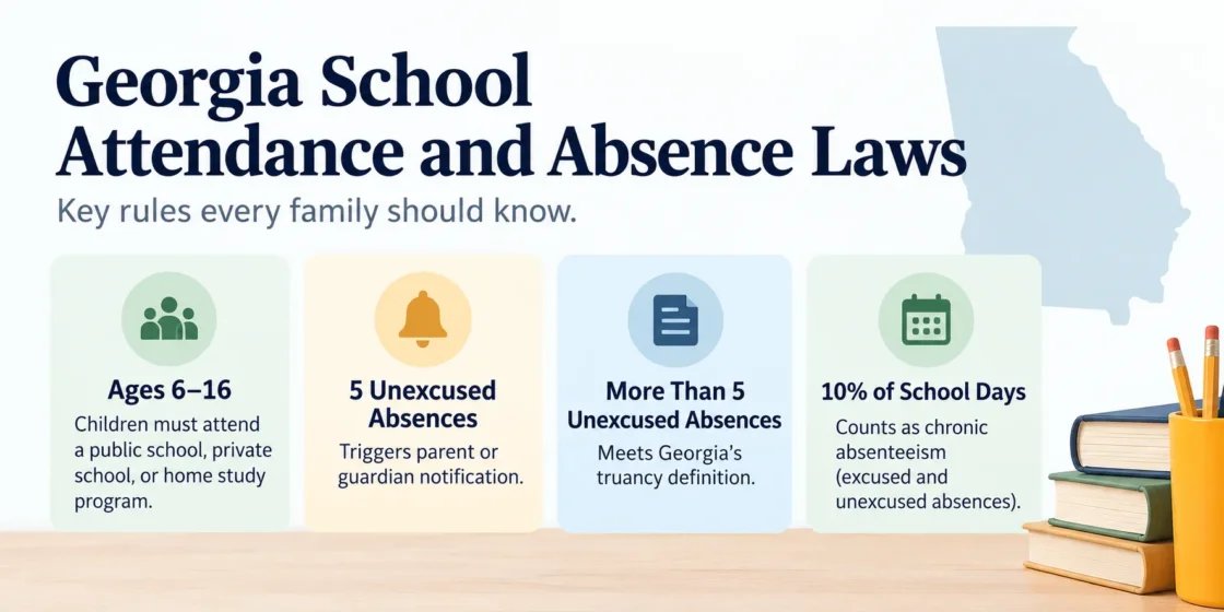 Infographic explaining Georgia school attendance and absence laws, including age requirements, truancy rules, and excused absences.