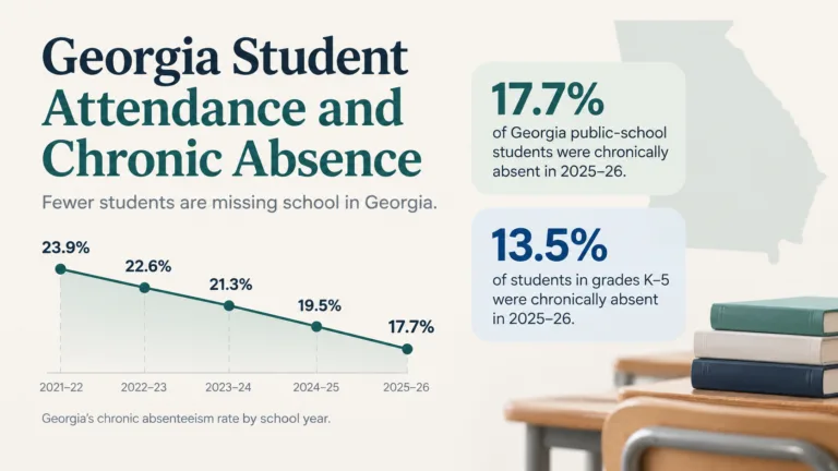 A chart showing Georgia student attendance and chronic absenteeism rates, with fewer students missing school in recent years.