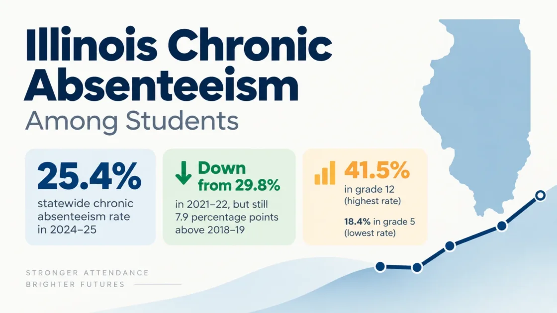 Chart showing Illinois chronic absenteeism among students, with a 25.4% rate and an increase to 41.5% in grade 12.