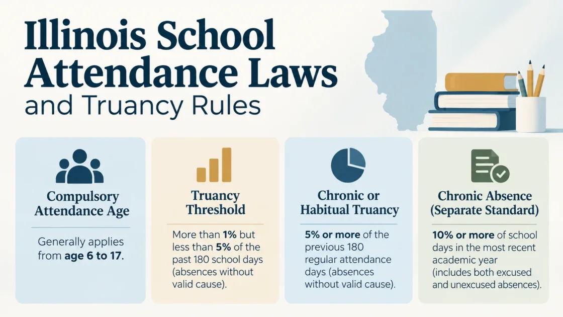 illustration of Illinois school attendance laws and truancy rules with icons for attendance age, truancy, chronic absence, and enforcement percentages