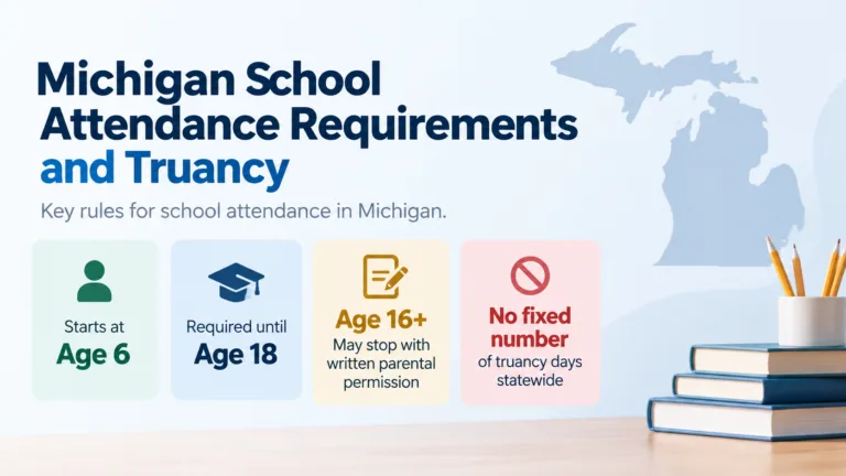 Map of Michigan with details about school attendance laws, age requirements, and truancy regulations for students in the state.