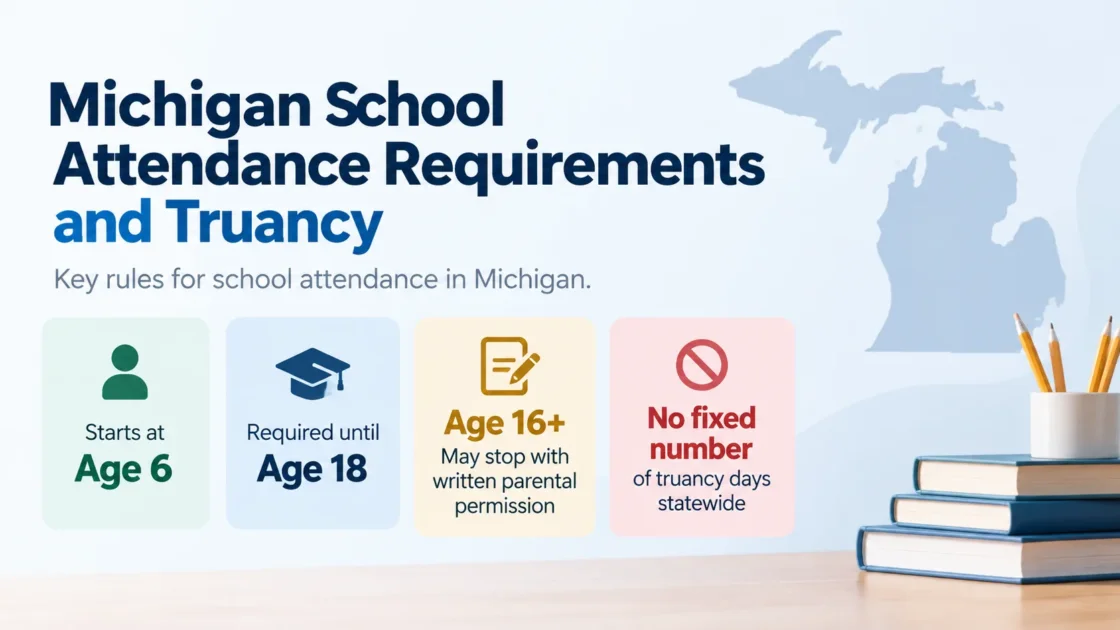 Map of Michigan with details about school attendance laws, age requirements, and truancy regulations for students in the state.