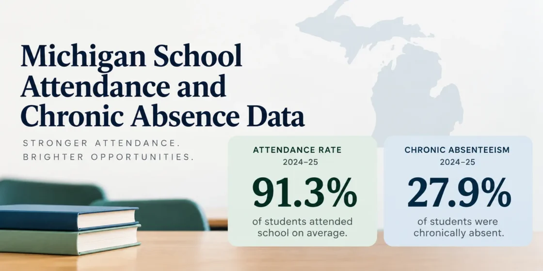 Michigan school attendance and chronic absenteeism data showing 91.3% attendance rate and 27.9% chronic absenteeism in schools.