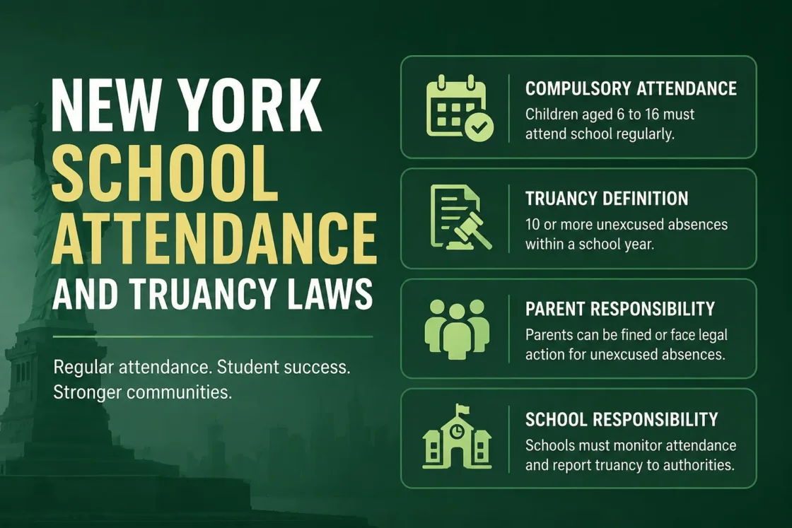 Children attending school in New York, emphasizing compulsory attendance and truancy laws for student success.