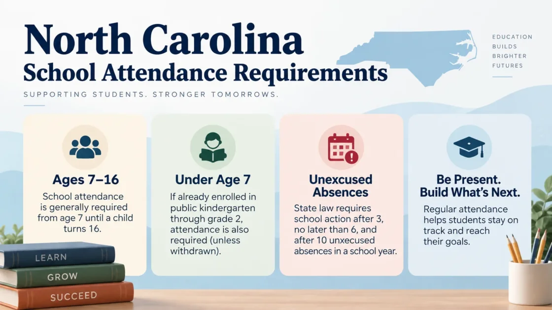 North Carolina school attendance requirements emphasizing laws for students aged 6-16, compulsory attendance rules, and consequences for unexcused abs…