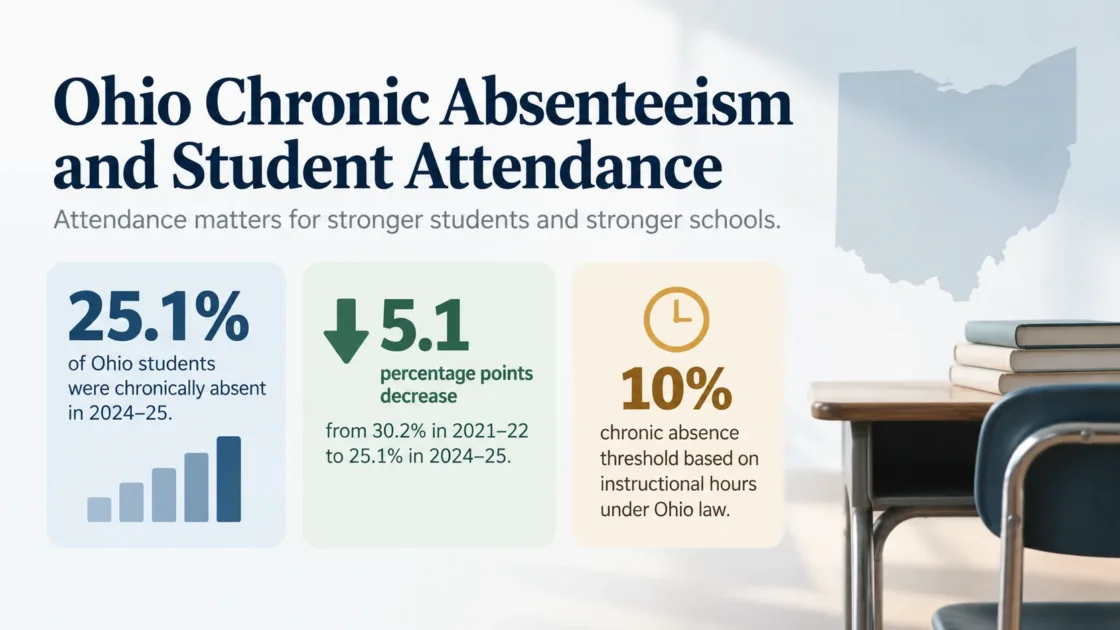 Infographic showing Ohio chronic absenteeism and student attendance with a 25.1% rate, 5.1% decrease, and 10% of students missing schoolbased on Ohio…