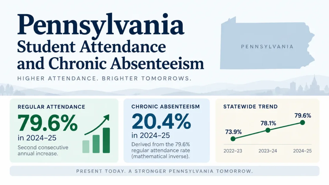 Pennsylvania student attendance chart showing regular attendance at 79.69% and chronic absenteeism at 20.4%, with statewide trend data.