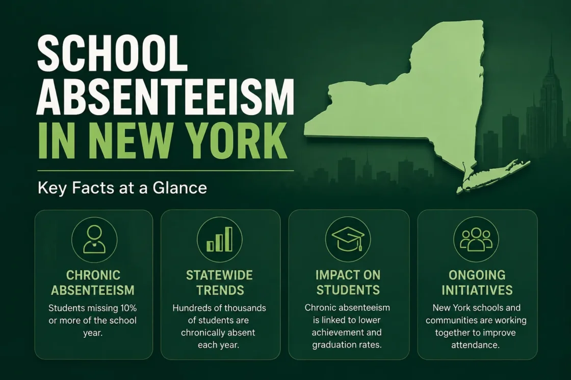 Visual summary of chronic absenteeism issues affecting students' attendance in New York Schools.