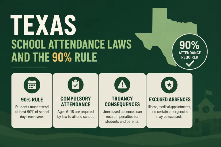 Visual explaining Texas school attendance laws and the 90% Rule, including compulsory attendance, truancy consequences, and excused absences.