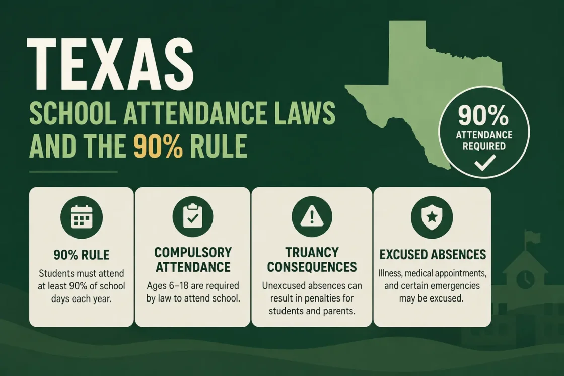 Visual explaining Texas school attendance laws and the 90% Rule, including compulsory attendance, truancy consequences, and excused absences.