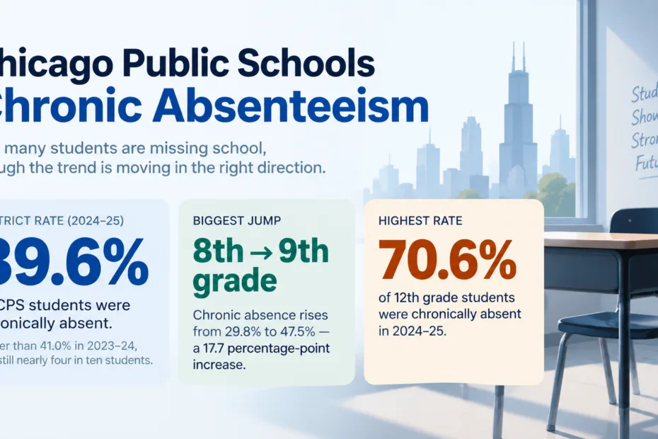 Infographic showing Chicago Public Schools chronic absenteeism rates, with a focus on 8th-9th grade students and overall attendance challenges.