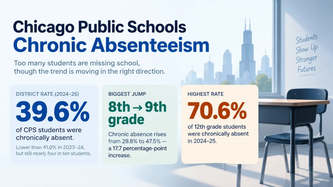 Infographic showing Chicago Public Schools chronic absenteeism rates, with a focus on 8th-9th grade students and overall attendance challenges.