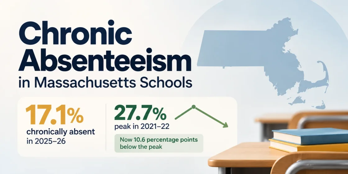 Graph showing the rise in chronic absenteeism in Massachusetts schools from 17.1% to 27.7% between 2021 and 2022.