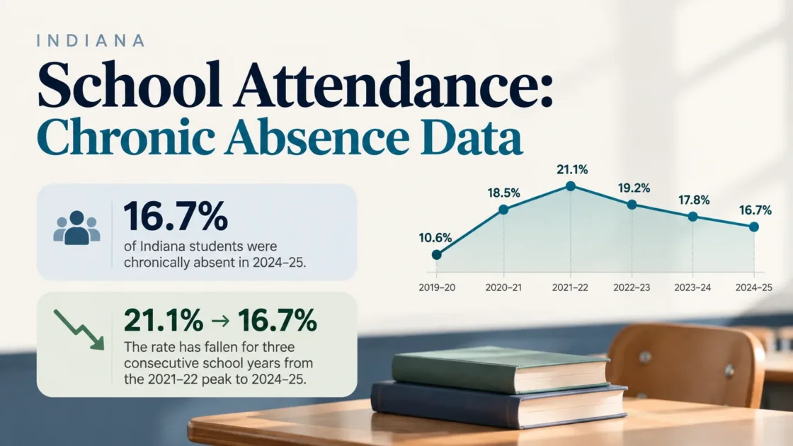 Indiana school attendance data showing rising chronic absenteeism rates over recent years, highlighting ongoing attendance challenges.