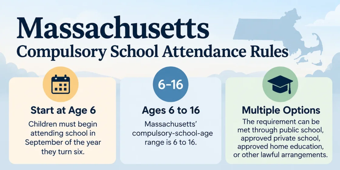 Massachusetts school attendance laws specify compulsory attendance ages and options for parents to manage absences in accordance with state rules.