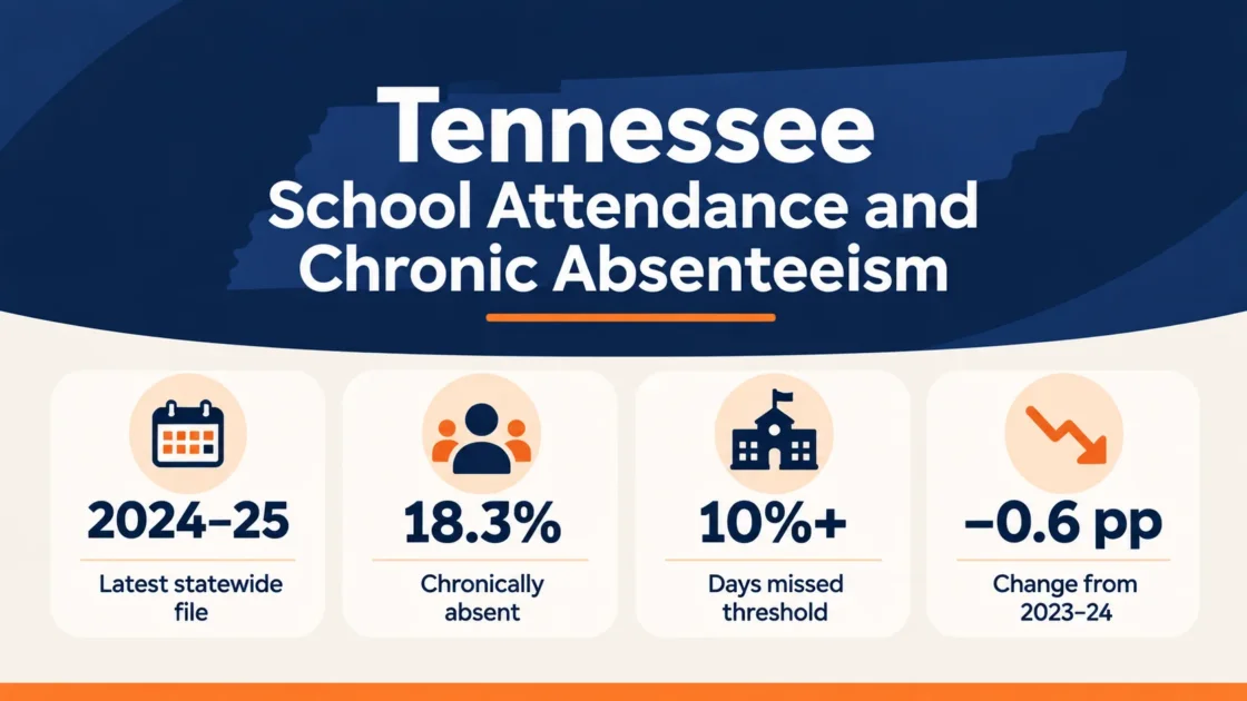 Statewide chart showing Tennessee school attendance and chronic absenteeism statistics for 2024-25, including rate, days absent, and change from last…