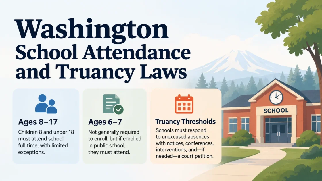 illustration of Washington school attendance and truancy laws with age groups and truancy threshold details