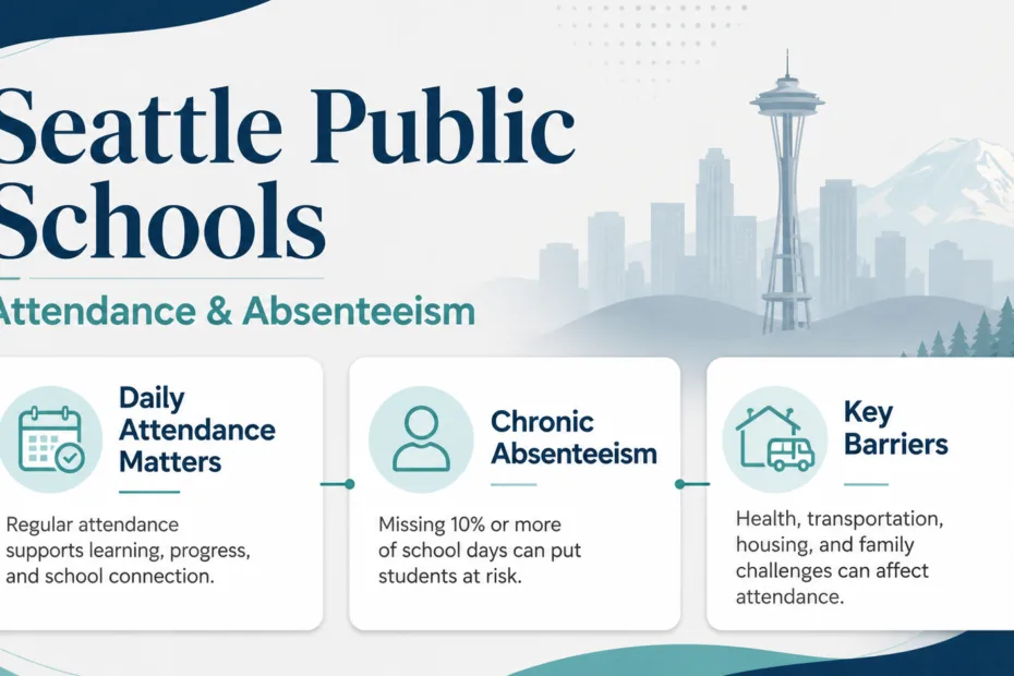 Seattle Public Schools attendance and absenteeism are shown, with issues like chronic absenteeism, barriers, and importance of attendance highlighted.