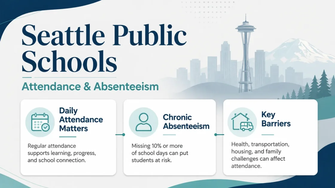 Seattle Public Schools attendance and absenteeism are shown, with issues like chronic absenteeism, barriers, and importance of attendance highlighted.